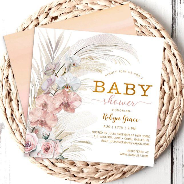Boho Pampas Chic Baby Shower Inbjudan for Girl (Pampas Grass & Floral Baby Shower)