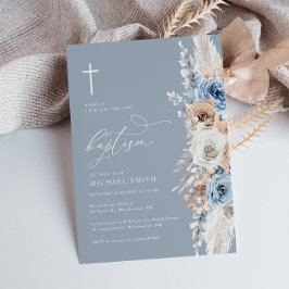 boho pampas dusty Blue blommigt baptism inbjudan