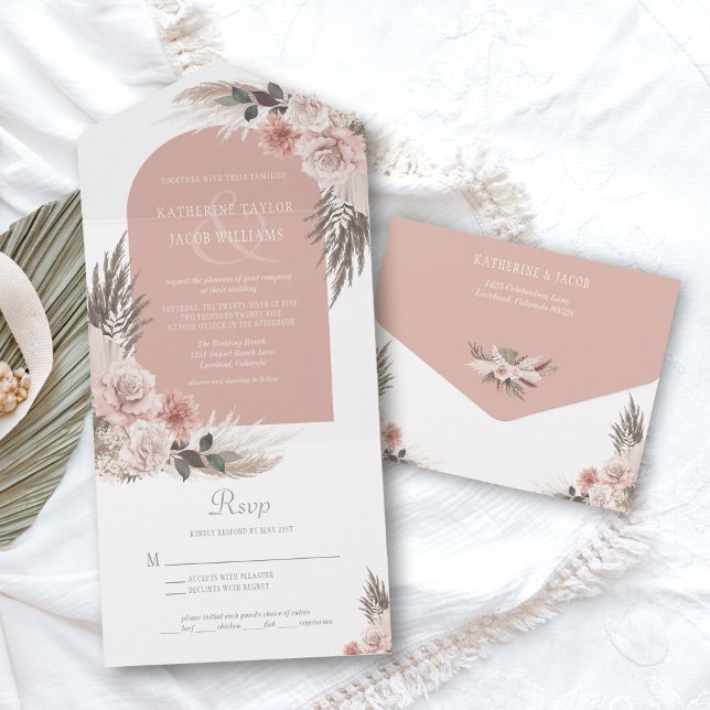 Boho Pampas Dusty Rosa Blommigt Bröllop (blush pink boho pampas grass wedding invitations)