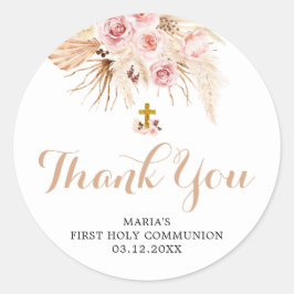 Boho Pampas First Heliga Communion Tack Sticker Runt Klistermärke