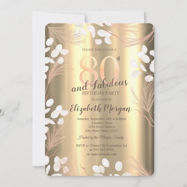 Boho Pampas Flowers Gold 80th Birthday  Inbjudningar (Framsida)