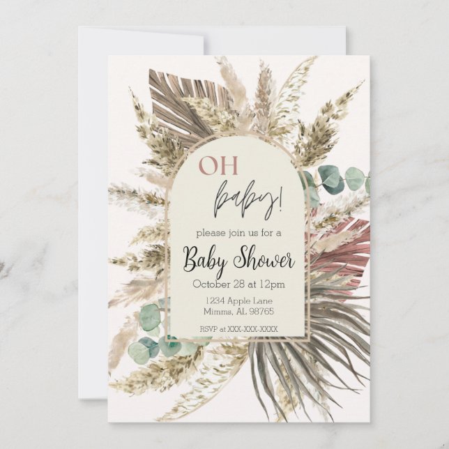 Boho Pampas Gräs Baby Shower Inbjudan | Neutral (Framsida)