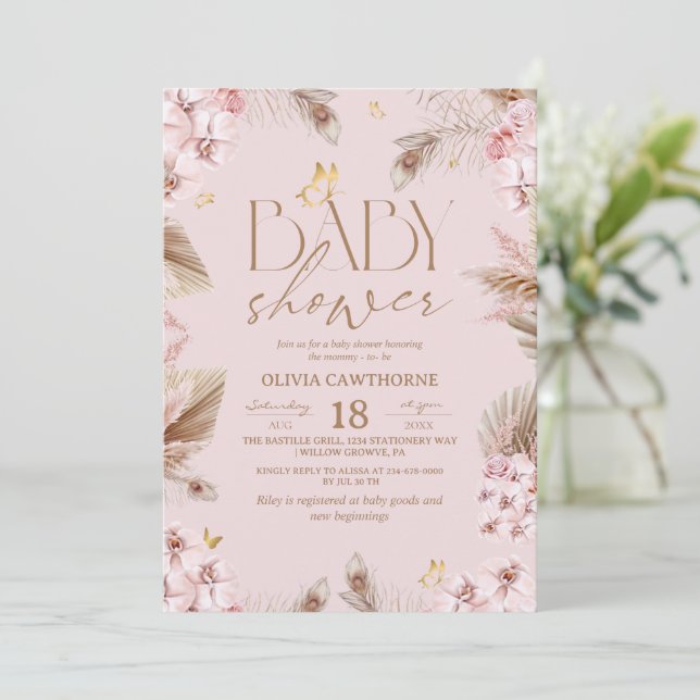 Boho Pampas Gräs Baby Shower Inbjudningar (Stående Fram)