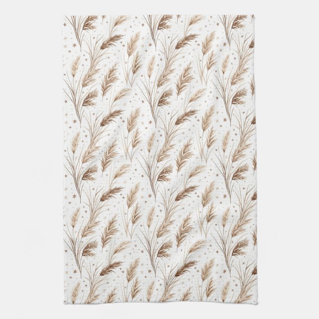 Boho Pampas-gräs Beige Brun Stjärnmönster (1) Kökshandduk (Vertikal)