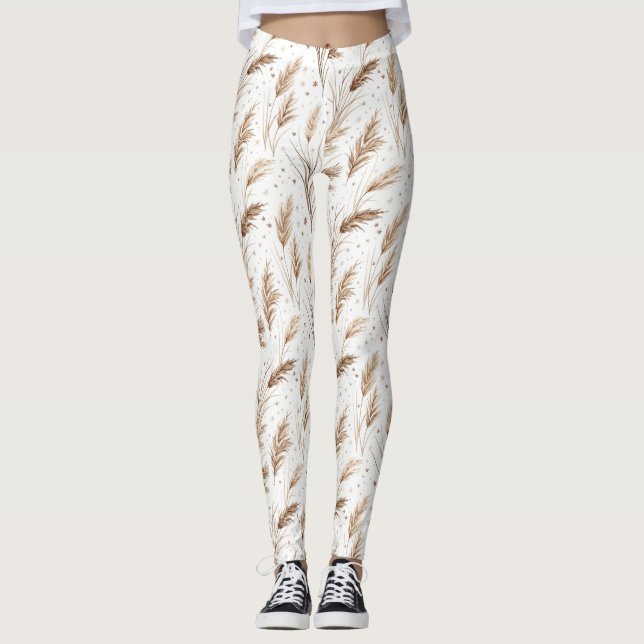 Boho Pampas-gräs Beige Brun Stjärnmönster (1) Leggings (Framsida)