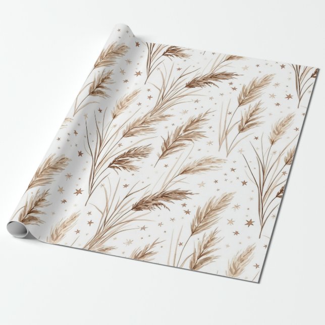 Boho Pampas-gräs Beige Brun Stjärnmönster (1) Presentpapper (Utrullad)