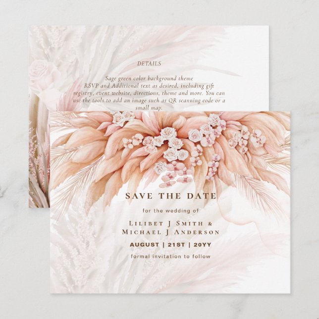 BOHO Pampas Gräs Blommig Bröllop Spara Datum Pos Vykort (Fram/baksida)