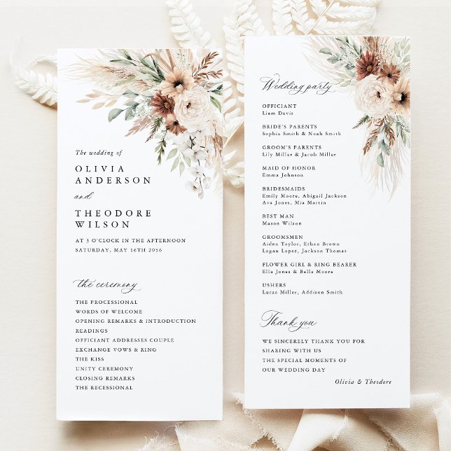 Boho Pampas Gräs Blommig Bröllopsceremoni Program (Boho Pampas Grass Floral Wedding Program Card, Rustic Ceremony Program, Neutral Wedding Stationery)