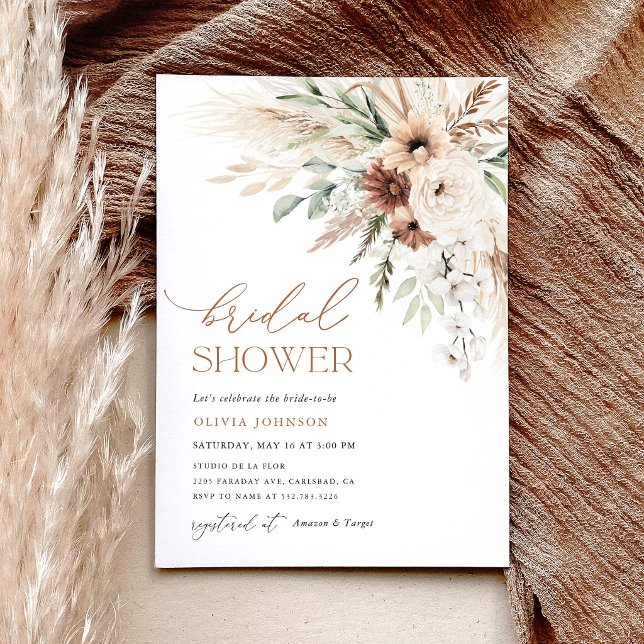 Boho Pampas Gräs Blommig Bröllopsdusch Inbjudningar (Boho Pampas Grass Floral Bridal Shower Invitation, Rustic Neutral Earth Tone Bridal Shower Invite)