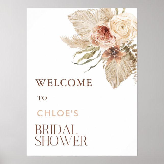 Boho Pampas Gräs Blommig Bröllopsdusch Välkommen Poster (Framsidan)