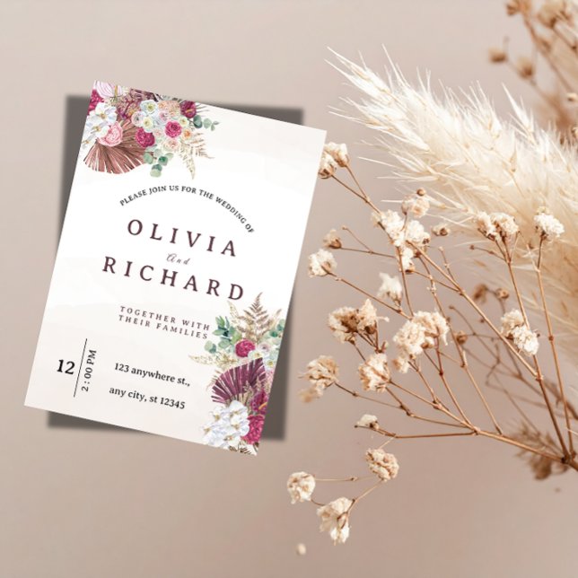 Boho Pampas Gräs Blommig Bröllopsinbjudan Inbjudningar (Skapare uppladdad)