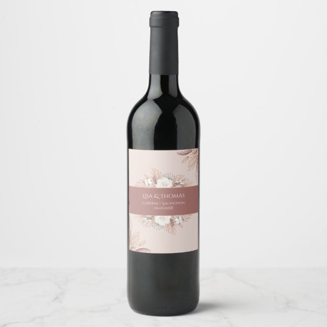 Boho Pampas Gräs Bröllops Vin Etikett Förmån (Framsida)