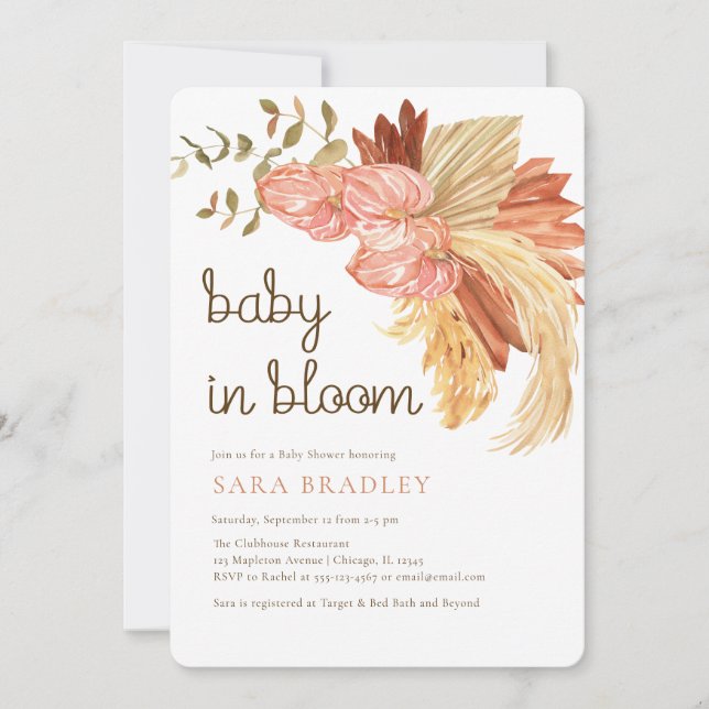 boho pampas gräs eucalyptus anthurium Baby Shower Inbjudningar (Framsida)