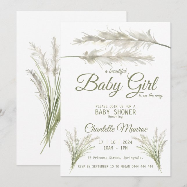 Boho Pampas Gräs Modern Bohemsk Bebis Bebis Shower Inbjudningar (Fram/baksida)