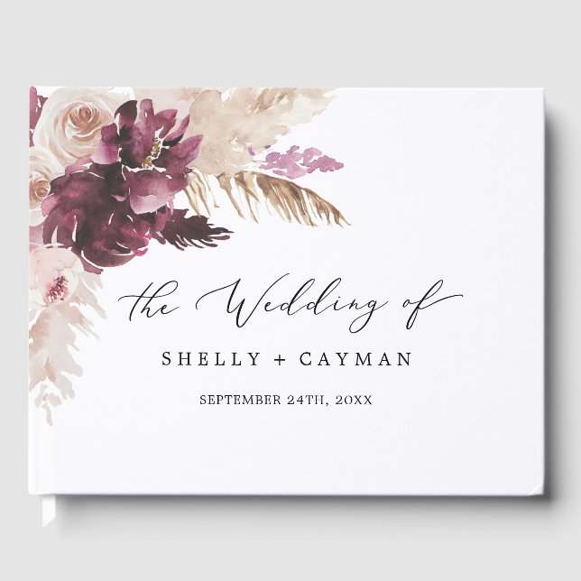 Boho Pampas Gräs Monogram Bak Bröllop Gästböcker (Framsida)