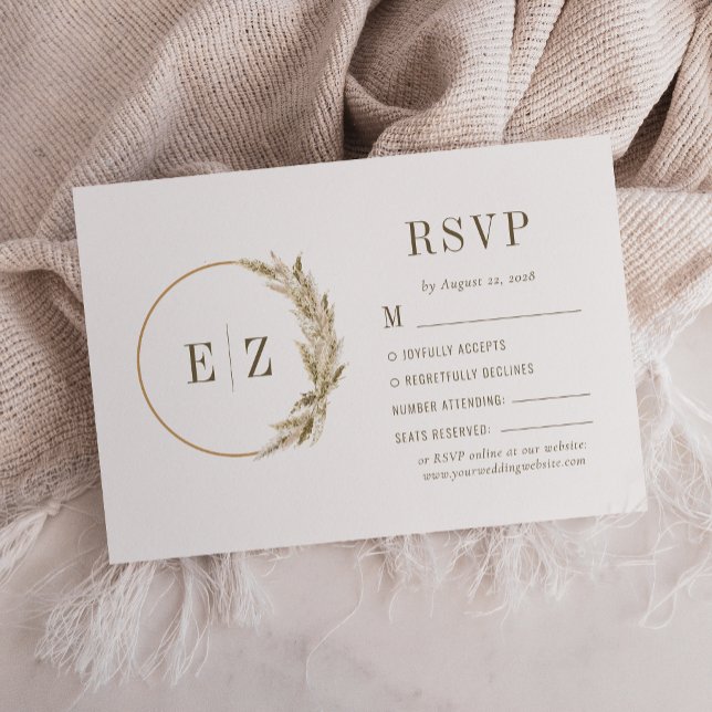 Boho Pampas Gräs Monogram Krans Beige Bröllop OSA Kort (Skapare uppladdad)