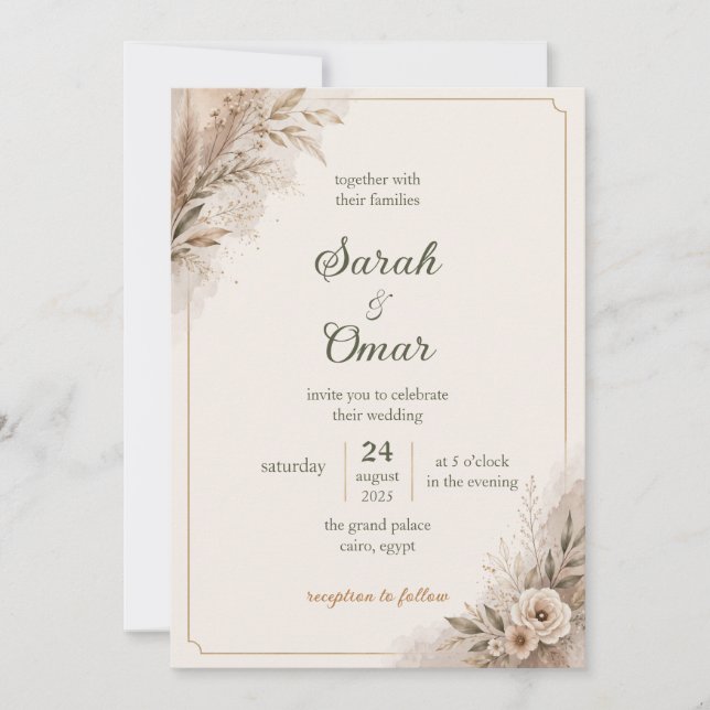 Boho Pampas Gräs Neutral Bröllopsinbjudan Meddelande (Framsida)