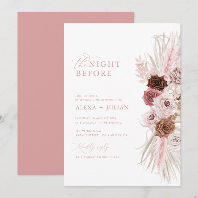 Boho pampas-gräs och dammig rosa-repetitionsmiddag inbjudningar (Fram/baksida)