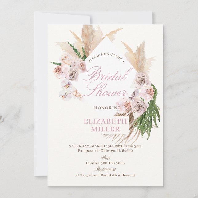 Boho Pampas Gräs Rosa Blommig Inbjudningar (Framsida)