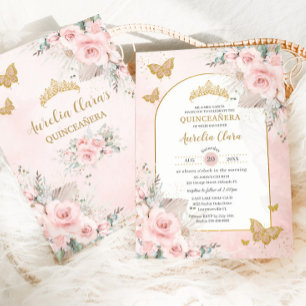 Boho Pampas Gräs Rosa Blommig Quinceañera Inbjudningar
