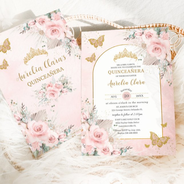 Boho Pampas Gräs Rosa Blommig Quinceañera Inbjudningar (Skapare uppladdad)