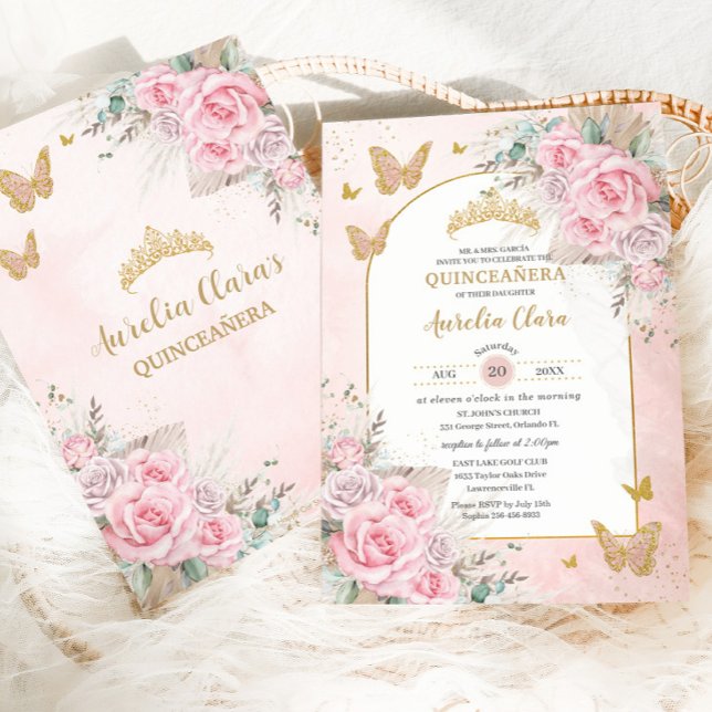 Boho Pampas Gräs Rosa Rosor Blommig Quinceañera Inbjudningar (Skapare uppladdad)