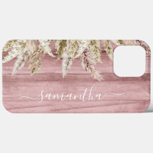 Boho Pampas Gräs Rosa Trä Utseende Monogram