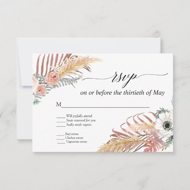 Boho Pampas Gräs Vit Blommig Tropisk Palm RSVP OSA Kort (Framsida)