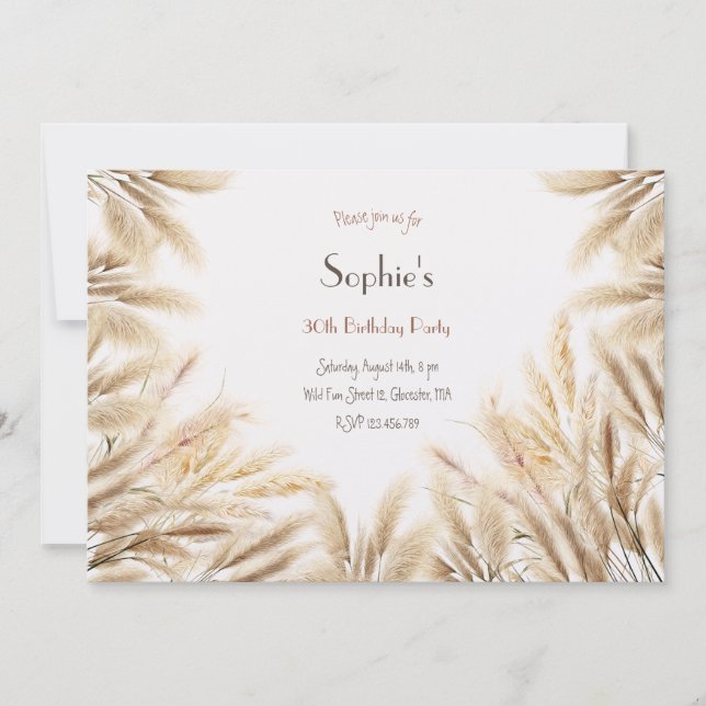 Boho pampas-gräs vuxen Födelsedagsinbjudan Inbjudningar (Framsida)