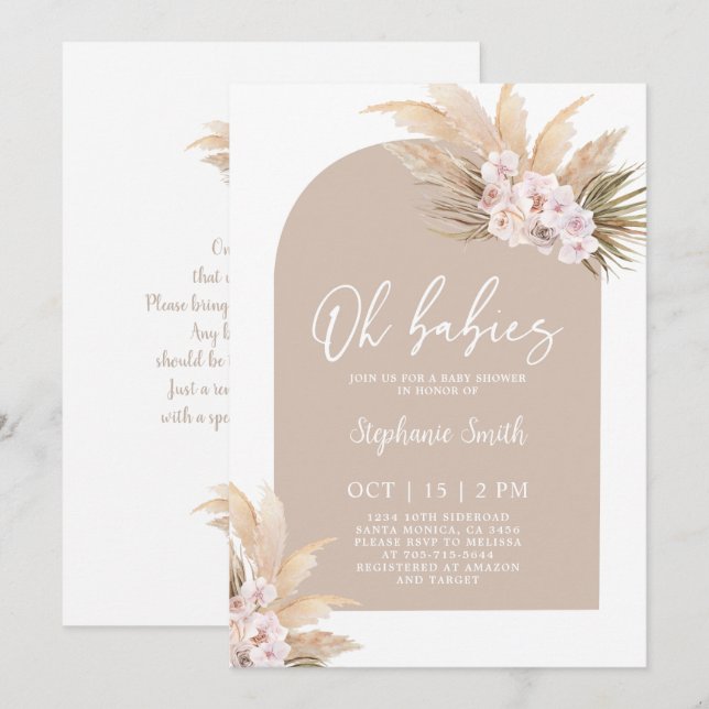 Boho Pampas Grass Arch Baby Shower Twin Girls Inbjudningar (Fram/baksida)