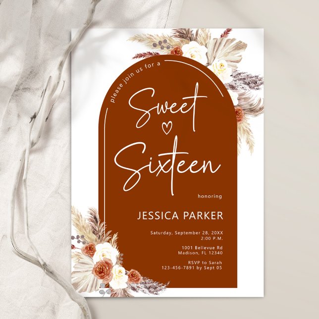 Boho Pampas Grass Arch Terracotta Sweet sixteen Inbjudningar (Skapare uppladdad)