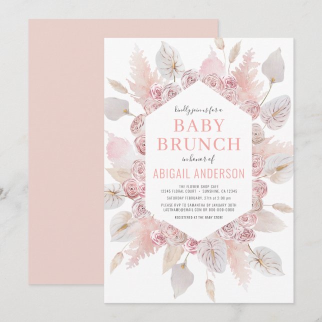 Boho Pampas Grass Baby Brunch Elegant  Rosa Inbjudningar (Fram/baksida)