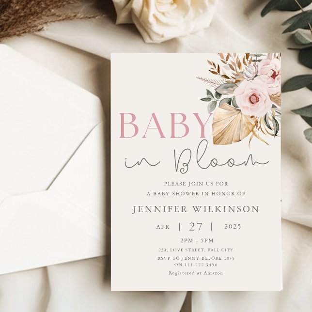 Boho Pampas Grass  Baby i Bloom Baby Shower Inbjudningar (Boho Pampas Grass Blush Baby in Bloom Baby Shower Invitation)