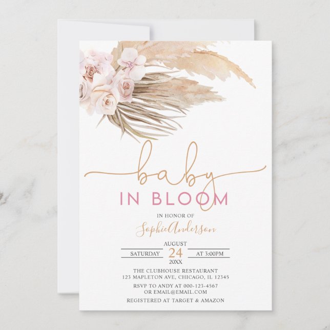 Boho Pampas Grass Baby i Bloom Baby Shower Invita Inbjudningar (Framsida)