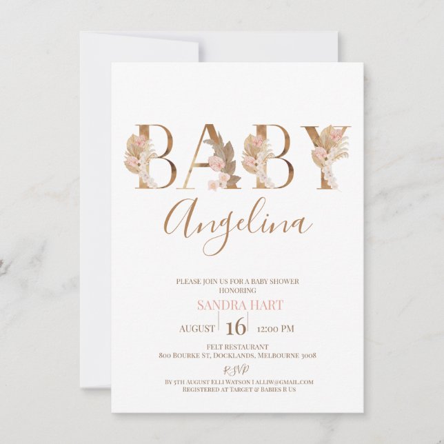 Boho Pampas Grass Baby Namn Baby Shower Inbjudningar (Framsida)