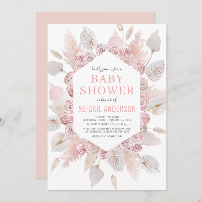 Boho Pampas Grass Baby Shower Elegant  Rosa Inbjudningar (Fram/baksida)