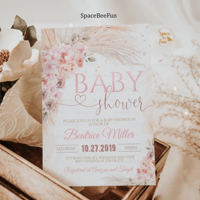 Boho Pampas Grass Baby Shower Girl Boho Inbjudningar (Boho Pampas Grass Baby Shower Invitation Girl Bohemian Tropical Pink and Gold Invites.)