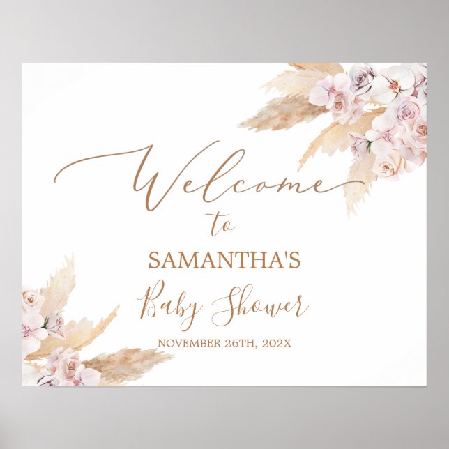 Boho Pampas Grass Baby Shower Girl Välkomstskylt Poster (Framsidan)