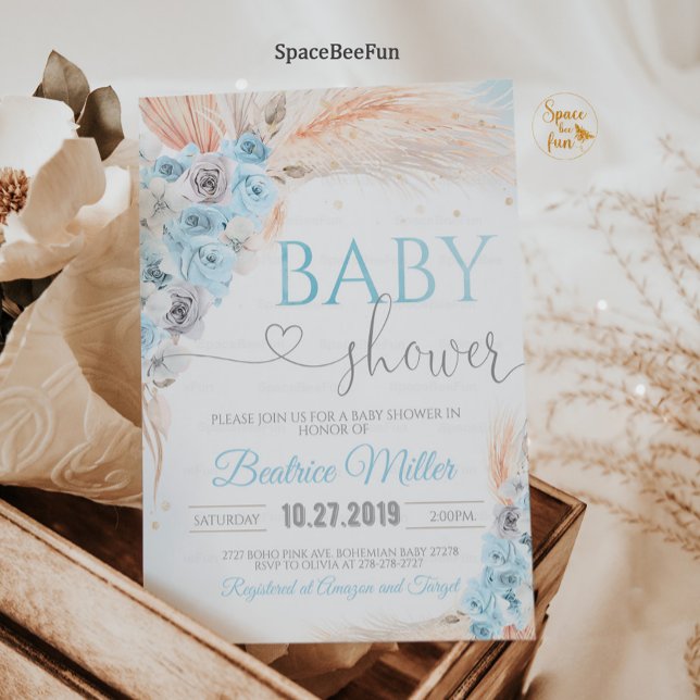 Boho Pampas Grass Baby Shower-inbjudan Boy Bohem Inbjudningar (Boho Pampas Grass Baby Shower Invitation Boy Bohemian Tropical  Blue  and Gold  Invites )