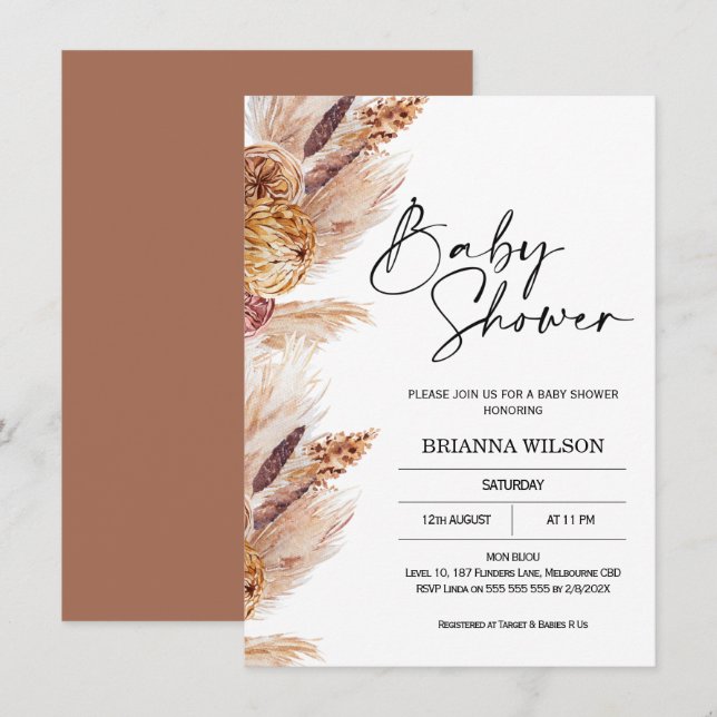 Boho Pampas Grass Baby Shower-inbjudan Inbjudningar (Fram/baksida)