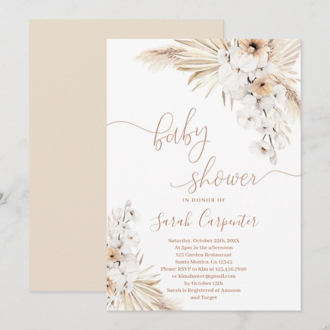 Boho Pampas Grass Baby Shower-inbjudan Inbjudningar (Fram/baksida)