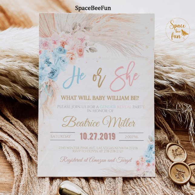 Boho Pampas Grass Baby Shower-inbjudan till honom  Inbjudningar (Boho Pampas Grass Baby Shower Invitation Bohemian Gender reveal)