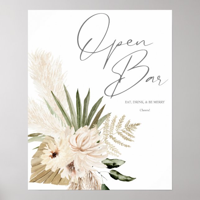 Boho Pampas Grass & Beige Blommigt Open Pub Sign 2 Poster (Framsidan)