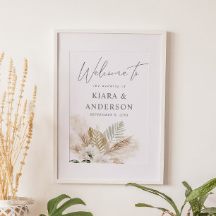 Boho Pampas Grass & Beige Blommigt Välkomsttecken Poster