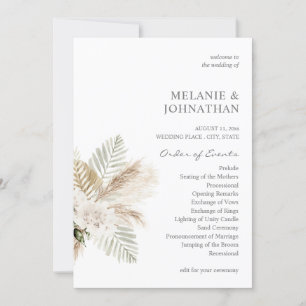Boho Pampas Grass & Beige Bröllop Ceremony Program