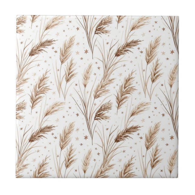 Boho Pampas Grass Beige Brown Star Pattern (1) Kakelplatta (Framsidan)