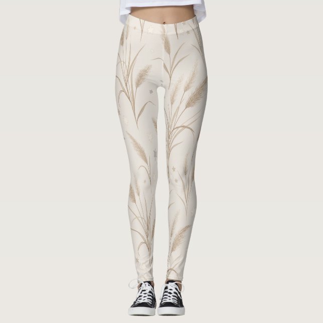 Boho Pampas Grass Beige Brun Stjärnmönster (2) Leggings (Framsida)