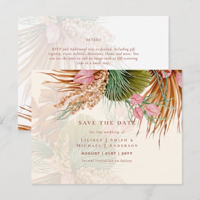 BOHO Pampas Grass Blommigt Bröllop spara datum Pos Vykort (Fram/baksida)