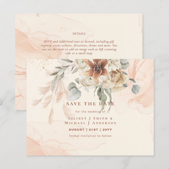 BOHO Pampas Grass Blommigt Bröllop spara datum Pos Vykort (Fram/baksida)