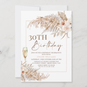 Boho Pampas Grass Blommigt Champagne Birthday Inbjudningar